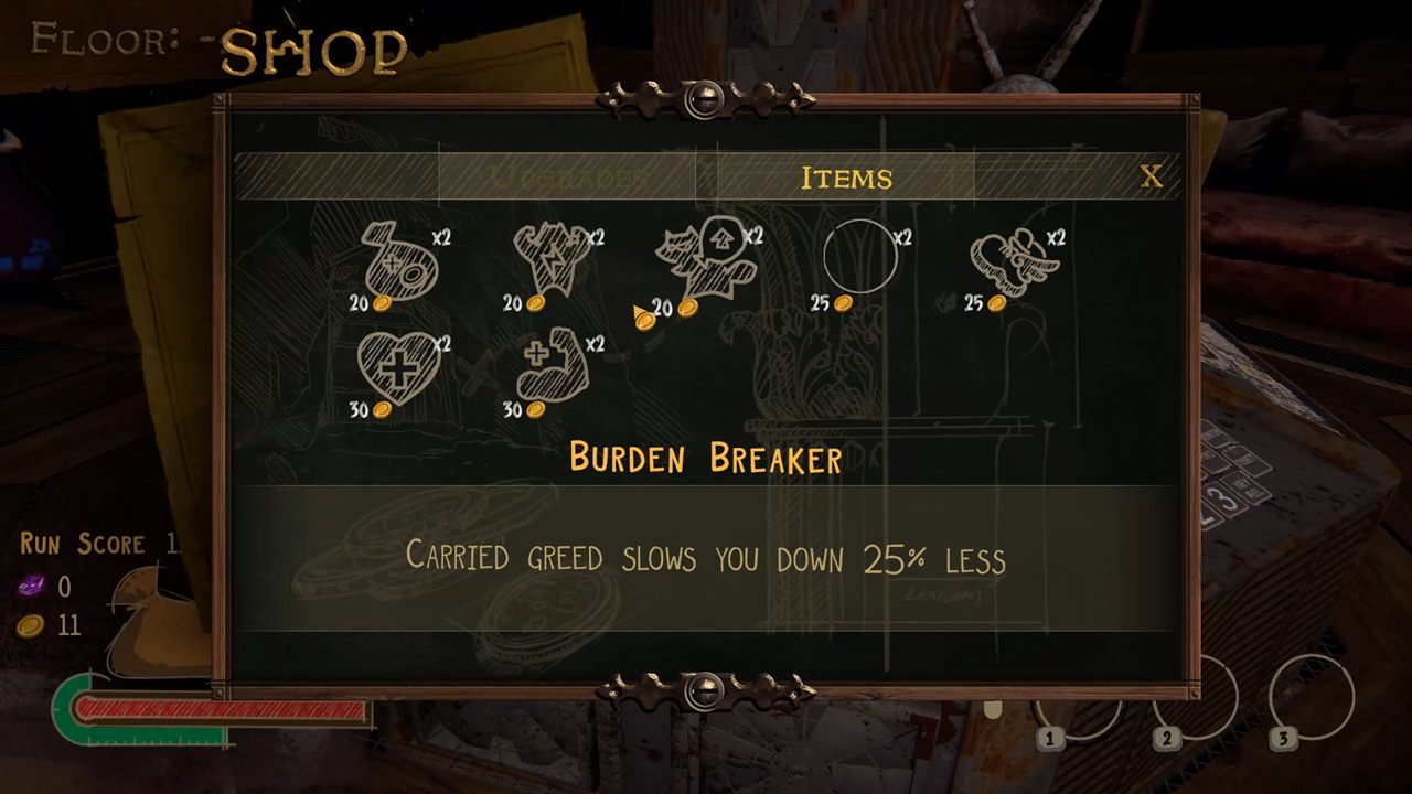 Greedy shop and upgrades screen